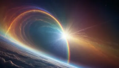 (orbit of eart), hmiracle, rainbow light circeled in open universe, orbit, rainbow storm, rainbow fire, rainbow air, rainbow earth