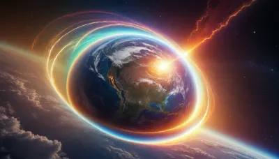 (orbit of eart), hmiracle, rainbow light circeled in open universe, orbit, rainbow storm, rainbow fire, rainbow air, rainbow earth