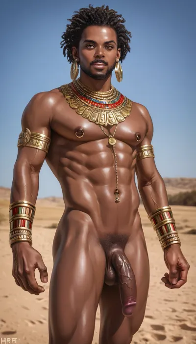Classic anime style, hentai, A professional full-length erotic photograph, (in the Met Art style:1.5), of a magnificent African American man, displaying the strength and charisma of the wild. His muscular body is decorated with patterns, his gaze is full of confidence and mystery. His large erect penis is ready for intercourse, the penis and scrotum look absolutely realistic, anatomically correct. He is located in a magnificent landscape, the African savannah, where he moves freely, like a true master of the wild. The image gives the spirit freedom and the primal power of amazing people! Photorealistic, Photo of the Year, Award-winning, hyper-detailed, cinematic, shot on Kodak Filmodak Portra 400, vintage photography, quality, piercing, <lora:add-detail-xl:.8>, perfection, style, <lora:perfection style v2d:.8>, detailifier, <lora:detailifier_flux-000006:.8>