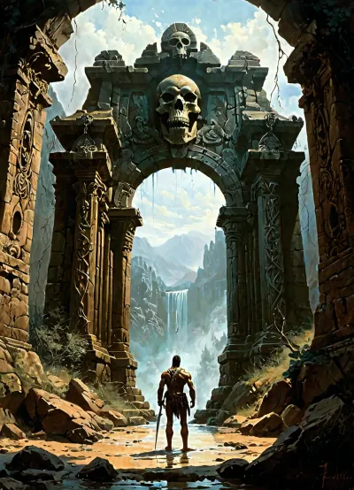 (Epic shot:1.2), of a lone warrior facing a colossal skull gate entrance carved into a mountain, ((skeletal details:1.3), dripping goo, weathered stone, ancient architecture, vines, roots, creepy, ominous), (fantasy art, dark fantasy:1.1), (highly detailed, intricate, gritty texture:1.2), volumetric lighting, dramatic shadows, muted dark colors, greens, browns, grays, desaturated, deep perspective, (digital painting, concept art by Frank Frazetta, Zdzisław Beksiński:1.3), grim, atmospheric, (masterpiece, best quality, ultra high resolution), sharp focus, professional artwork, award winning
