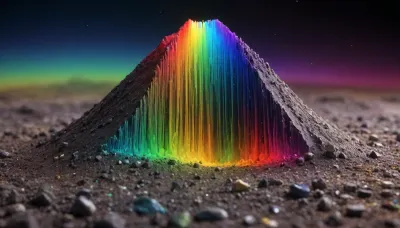 microscope macro zoom, (glowing field, (like mountain), of pirite, quartz), miracle, rainbow light circeled in open universe, orbit, rainbow storm, rainbow fire, rainbow air, rainbow earth