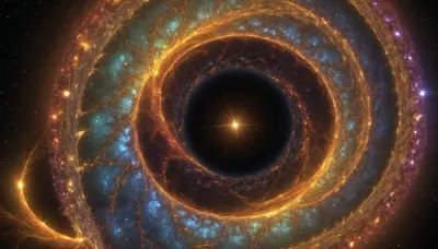 4d microscope macro zoom, eclipse, (glowing swirl fractal of stars), miracle, rainbow light gold web in open universe, orbit, rainbow fire, rainbow air, rainbow earth