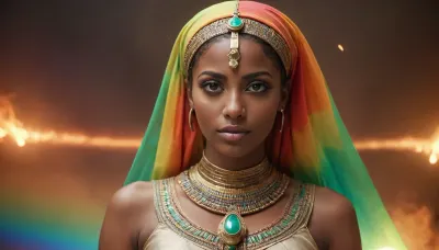 rainbow light, fire, open universe, flying 33 year old dark concentrated egyptian women preist, green eyes, dark skin