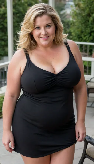 (obese:1.5), A beautiful 54-year-old mom in a short black cotton dress, downblouse, (short windblown hair), on a patio, standing. Her gaze is on the viewer. She is purposely showing cleavage. She has a mischievous smile. Bright amber eyes, tanlines, lots of freckles, slender. Erect nipples under her dress, mature woman, high detail, masterpiece, long blonde hair