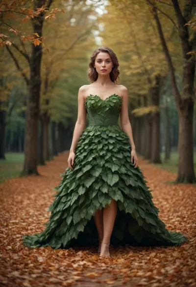 a woman, she is wearing a dress made of leaves, full body view, /©KlTTY-ART/