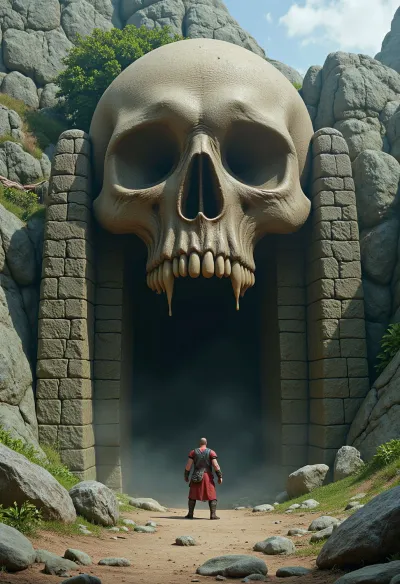 (Epic shot:1.2), of a lone warrior facing a colossal skull gate entrance carved into a mountain, ((skeletal details:1.3), dripping goo, weathered stone, ancient architecture, vines, roots, creepy, ominous), (fantasy art, dark fantasy:1.1), (highly detailed, intricate, gritty texture:1.2), volumetric lighting, dramatic shadows, muted dark colors, greens, browns, grays, desaturated, deep perspective, (digital painting, concept art by Frank Frazetta, Zdzisław Beksiński:1.3), grim, atmospheric, (masterpiece, best quality, ultra high resolution), sharp focus, professional artwork, award winning