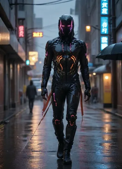 <lora:CyborgMechExosuit_v1.5:.8>, hightech_robotics, <lora:hightech_robotics:.8>, Cyberpunk, cyberpunk, style, <lora:3DCyberpunkStyle_Hap_XL:.8>, Full body, walking down a city street in the rain, midstride. Midnight. Sodium lighting., (Rain:1.6), (wet skin:1.4), symb10ic, neon, filaments, ribbons, tendrils, light, streaks, tentacles, <lora:SymBIOic:.8>