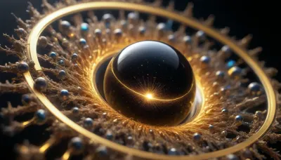 4d microscope macro zoom, black and gold sphere, mirroring, halo, solar wind transparent, light sparks, (glowing fractal of stars), miracle, rainbow light gold cristal in open universe, orbit, rainbow fire, rainbow air, rainbow earth