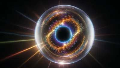 4d microscope macro zoom, epic, glowing, (rainbow, white light), black and gold sphere as a galaxy, mirroring, halo, solar wind transparent, light sparks, (glowing fractal of stars), miracle, rainbow light gold cristal in open universe, orbit, rainbow fire, rainbow air, rainbow earth