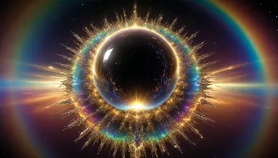 4d microscope macro zoom, epic, glowing, (rainbow, white visible light), black and gold sphere as a galaxy, mirroring, halo, solar wind transparent, light sparks, (glowing fractal of stars), miracle, rainbow light gold cristal in open universe, orbit, rainbow fire, rainbow air, rainbow earth