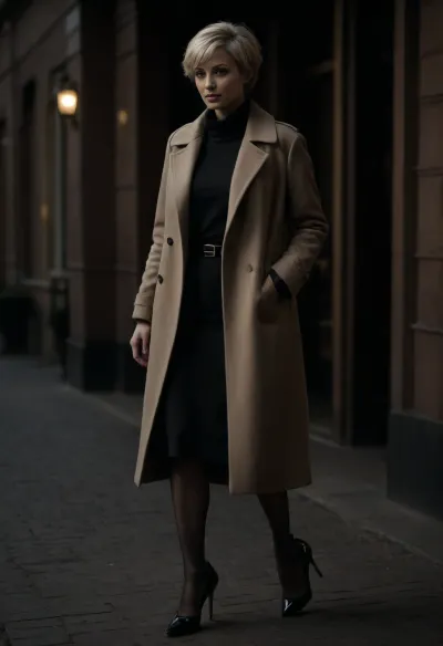 hyper photorealistic masterpiece, maximum quality, maximum details, maximum realism, russian milf, 40 years old, on street, in front of hotel entry, very short blonde pixie hair, long brown coat, (black high heels), <lora:dark:.6>
