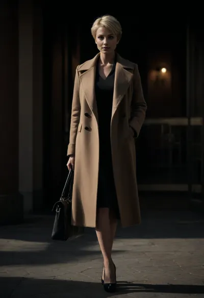 hyper photorealistic masterpiece, maximum quality, maximum details, maximum realism, russian milf, 40 years old, on street, in front of hotel entry, very short blonde pixie hair, long closed brown coat, (black high heels), <lora:dark:.6>