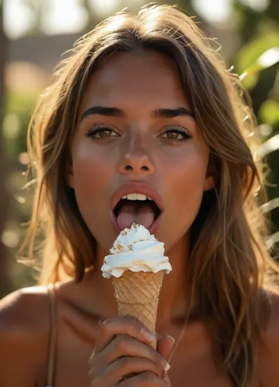 a 22 years old model licks an ice cream cone lasciviously, highly detailed face, (perfect tongue:1.2), (mega horny slut:1.5), (looking at viewer like she wants him:1.4), (incredibly sexy and lustful:1.5), (most beautiful sexy face:1.2), ((Rough charcoal sketch on white paper)), ((skinny figure:1.4)), ((naughty pose)), ((clean line art)), summer afternoon, warm sunlight, nature and plants in blurred background cinematic, ((glossy very deep seamless suntanned skin:1.5)), <lora:Midjourney Image Enhancer XL v1:.9>, <lora:style_lora_realis:.9>, <lora:Realistic_People_V1:.3>