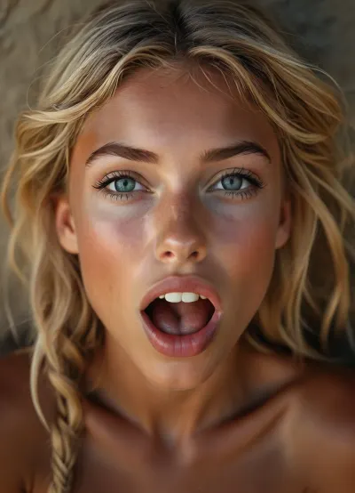 (View from above:1.5), (a 18 years old blonde girl opens mouth lasciviously:1.3), highly detailed face, (perfect tongue:1.2), (slightly opened mouth:1.5), blue eyes, (braided blonde hair:1), (looking thankful at viewer:1.4), (incredibly youthful and sexy:1.5), (most beautiful sexy face:1.2), ((Rough charcoal sketch on white paper)), ((skinny figure:1.4)), ((naughty pose)), ((clean line art)), summer afternoon, warm sunlight, nature and plants in blurred background cinematic, ((glossy very deep seamless suntanned skin:1.5)), <lora:Midjourney Image Enhancer XL v1:.9>, <lora:style_lora_realis:.9>, <lora:Realistic_People_V1:.3>