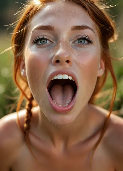 (View from above:1.5), (a 18 years old red haired girl opens mouth lasciviously:1.3), highly detailed face, (perfect tongue:1.2), (slightly opened mouth:1.5), green eyes, (braided red hair:1), (looking thankful at viewer:1.4), (incredibly youthful and sexy:1.5), (most beautiful sexy face:1.2), ((Rough charcoal sketch on white paper)), ((skinny figure:1.4)), ((naughty pose)), ((clean line art)), summer afternoon, warm sunlight, nature and plants in blurred background cinematic, ((glossy very deep seamless suntanned skin:1.5)), <lora:Midjourney Image Enhancer XL v1:.9>, <lora:style_lora_realis:.9>, <lora:Realistic_People_V1:.3>