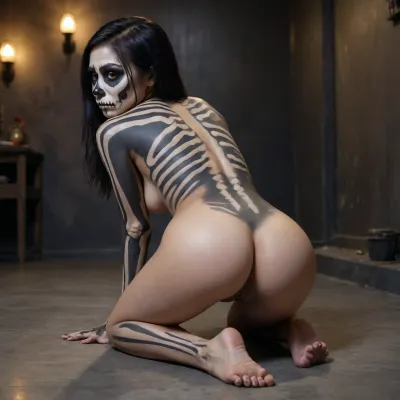 Asian girl in full nude body paint to look like a skeleton, bent over showing fat clean shaven pussy. Her butthole is black filled with cum