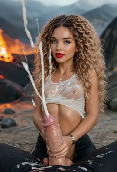 UHD 8K, extreme realism, maximum detail, (sexy horny luxury model:1.6), (doing Handjob till ejaculating:1.6), ((projectile cumshot, cum on clothes:1.8)), (oiled haired German girl:1.8), ((super sexy)), (woman age 32), (flat chested breast:1.2), nice facial features, (face detail 10 out of 10), ((cute face)), ((perfect eyes)), full view, Face Oval with a clear chin line smooth cheekbones, Hair Light bleached, Hair almost straight long, The parting is slightly shifted to the left, The skin texture is even and smooth, indicating careful care. The face is matte, a light natural blush is noticeable on the cheeks and bridge of the nose, which gives the appearance freshness, No visible defects, pores or peeling, Eyebrows Clearly defined, medium width, slightly darker than the hair, which gives the face contrast and expressiveness, blue eyes, with an even iris and a bright look, The eyelids have light makeup, light beige shadows the movable eyelid, soft shading of gray-brown shadows in the crease, an emphasized and open look. The eyelashes are long, black, emphasizing the almond of the eyes. The look is slightly squinted, expressing slight surprise or thoughtfulness, Nose Neat, straight, with a smooth bridge and a slightly pointed tip, The wings of the nose are small, symmetrical, Lips Full, with a well-developed contour and natural texture, The color of the lips is muted pink, possibly with a light tone of moisturizing balm or transparent gloss, The upper lip is slightly thinner than the lower, (tanned), skin, jewelry, earrings, necklace, (cum covered black trousers and blouse:1.6), excited, tattoos, wet, (wide hips:1.2), (pumped up buttocks), (fitness butt:1), ankle bracelets, classic heeled shoes, tights and stockings, modern black tattoos, wet clothes, tiny waist, seductive facial expression, perfect breasts, (perfect long legs:1), more definition in the legs, proportional body, stockings with garters, (the legs are drawn correctly:1), (perfect boobs and erect nipple under wet bra:1.5), cum in ass, (anal riding), (flat firm breasts:1.5), full body, (in the volcano landscape:1.5), (on the knees), (fucking his cock:1.4), (man is riding anal her ass:1.4), (he is fucking her:1.5), (black man having anal sex:1.5), laughing, black men, (giant cocks:1.8), (((Huge cock in ass:1.6))), (pov:1.6), (cum covered fucking:1.4), (more penis details:1.5), (the girl's face is very clearly visible:1.2), (colored Tights with access with patterns:1.3), (red lips:1.5), (detailed realistic extreme gaping pussy:2.2), (cumfucking:1.2), (low side view:1.8), (angle on face:1.1), (cumHair:1.2), (cumshots:1.5), (perfect detailed hands:1.5), <lora:BUT_SDXL_SHS:1.1>, <lora:style_lora_realis:1.5>, <lora:detailer-xl:1>, <lora:SDXLHighDetail_v6-000005:1.5>, <lora:attractive_notrigger:2>