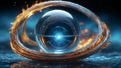 4d microscope macro zoom, many of in open space, orbit, there is objecht merge of cube and sphere in center, (fire cube, fusion with wather sphere, (blue waves, mirroring)), miracle, epic, glowing, (rainbow, white visible light), rainbow light gold, rainbow fire