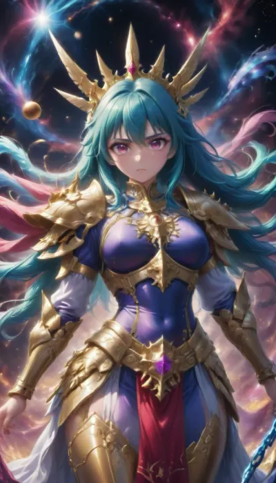 Shun from saint Seiya, cosmos background, wearing her chain armor, huge boobs, <lora:MJ52:.8>