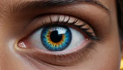 4d microscope macro zoom, eclipse, nytrogen, (black skin, blue iris eye, big gold eye framing, gold eye contouring), miracle, rainbow light gold cristal in open universe, orbit, rainbow fire, rainbow air, rainbow earth, busty cook girl