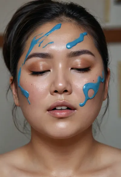 A stunning, chubby Asian model's face close up in front of the camera. The model looks into the camera. Paint is poured onto her head from above. Different colours. The paint flows over her hair and face onto her body. She closes her eyes when the paint flows over them. She enjoys it quietly. The background is a painter's studio., <lora:Chubby BBW - XL:.8>