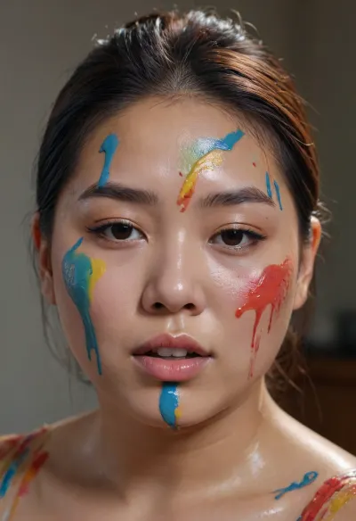 A stunning, chubby Asian model's face close up in front of the camera. The model looks into the camera. Paint is poured onto her head from above. Different colours. The paint flows over her hair and face onto her body. She closes her eyes when the paint flows over them. She enjoys it quietly. The background is a painter's studio., <lora:Chubby BBW - XL:.8>