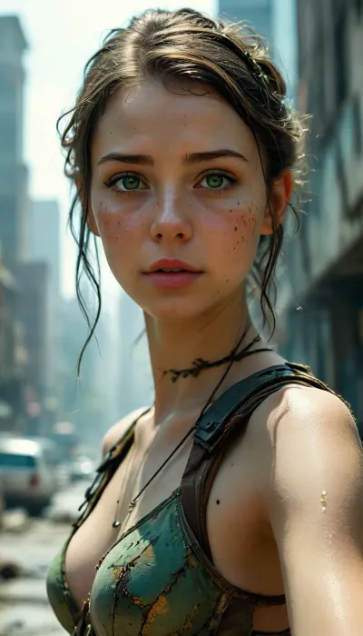 ** Bird's eye view of a post-apocalyptic metropolis, ** An endless jungle of concrete and steel is absorbed by nature, but * * the girl in the center** attracts the eye — * * her face** is drawn with hyper-realistic clarity, **sharp cheekbones**, cut **the scar from the burn** with **shades of turquoise**, **eyes the colour of molten gold** with **vertical pupils** like predatory cats, **leather** covered **network bioluminescent veins**, (blue-green, like a poisonous lichens), **lips** — **cracked from dehydration**, but the corners are raised in **sarcastic smile**, **hair** — **tangled strands** with **neon-red tips**, stuck on **chemical precipitation**, she is on the **top of the half ruined tower**, its **fitted post-apocalyptic costume** Shine **neon red accents**, contrasting with the grey ruins, **black top with metal spikes**, **denim shorts** bound **fluorescent straps**, and **shoes with the energy blades** emphasize its predatory grace, in the hands of **high-tech crossbow** with **engravings of plant roots, and belt — **jar light emitting pulsary**, which **the shadow girls** falls on the wall of a skyscraper** forming **the silhouette of a bird** around her — **the metropolis-Ghost**, skyscrapers **collapsed facades**, where **waterfalls moss** streaming software **mangled elevators**, **rusty bridges** overhang **overgrown channels** with **bioluminescent algae** and **the crows** circling **the remains of the stadiums** hard **wild vineyards, **, **sunset** pierces **toxic yellow could**, painting **misty haze** in **neon orange** and **bright green** tone, illuminating her face** — **covered with pollen mushrooms**, with **eyes the color of molten gold** reflecting **light of a dying city**, **8K details** each **crack in the concrete**, **Dewdrop** on the **web** between **antennas**, **the spark** on **the blades boot**, **ultraluxury** **rust** on **beams** and **needle cactus** pierced **paving**, **HDR lighting** creates a contrast between **warm highlights** on her **leather**, and **cold shadows** in **underground tunnels** where **cheetahs** hunt **remnants of civilization**, **ray tracing** draws **volumetric fog** enveloping **elements** and **the rusty skeletons of cars** downstairs reminiscent of **the fallen titans**, **focus** — to **her eyes**, **piercing**, **filled with challenge**, as if it — **the catalyst** between **death** and **revival**, **giant baobab** grow through **the dome of the planetarium** behind her *rooted*snakes** braid **abandoned telescopes** and **background** soluble in **the fog of ashes** where **her shadow** gets **part of the landscape**, **lossless PNG** saves **ultrametal** from **scales Python** on **the wreckage of the monument** to **her eyes**, covered in **a radioactive crystals of ice** nature **girl** — **a single organism**, rewriting the DNA of the metropolis, **fragile**, **deadly great**, **invincible**., bellap, <lora:MJ52:.8>, <lora:bellap:2>