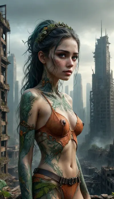** Bird's eye view of a post-apocalyptic metropolis, ** An endless jungle of concrete and steel is absorbed by nature, but * * the girl in the center** attracts the eye — * * her face** is drawn with hyper-realistic clarity, **sharp cheekbones**, cut **the scar from the burn** with **shades of turquoise**, **eyes the colour of molten gold** with **vertical pupils** like predatory cats, **leather** covered **network bioluminescent veins**, (blue-green, like a poisonous lichens), **lips** — **cracked from dehydration**, but the corners are raised in **sarcastic smile**, **hair** — **tangled strands** with **neon-red tips**, stuck on **chemical precipitation**, she is on the **top of the half ruined tower**, its **fitted post-apocalyptic costume** Shine **neon red accents**, contrasting with the grey ruins, **black top with metal spikes**, **denim shorts** bound **fluorescent straps**, and **shoes with the energy blades** emphasize its predatory grace, in the hands of **high-tech crossbow** with **engravings of plant roots, and belt — **jar light emitting pulsary**, which **the shadow girls** falls on the wall of a skyscraper** forming **the silhouette of a bird** around her — **the metropolis-Ghost**, skyscrapers **collapsed facades**, where **waterfalls moss** streaming software **mangled elevators**, **rusty bridges** overhang **overgrown channels** with **bioluminescent algae** and **the crows** circling **the remains of the stadiums** hard **wild vineyards, **, **sunset** pierces **toxic yellow could**, painting **misty haze** in **neon orange** and **bright green** tone, illuminating her face** — **covered with pollen mushrooms**, with **eyes the color of molten gold** reflecting **light of a dying city**, **8K details** each **crack in the concrete**, **Dewdrop** on the **web** between **antennas**, **the spark** on **the blades boot**, **ultraluxury** **rust** on **beams** and **needle cactus** pierced **paving**, **HDR lighting** creates a contrast between **warm highlights** on her **leather**, and **cold shadows** in **underground tunnels** where **cheetahs** hunt **remnants of civilization**, **ray tracing** draws **volumetric fog** enveloping **elements** and **the rusty skeletons of cars** downstairs reminiscent of **the fallen titans**, **focus** **filled with challenge**, as if it — **the catalyst** between **death** **giant baobab** grow through **the dome of the planetarium** behind her *rooted*snakes** braid **abandoned telescopes** and **background** soluble in **the fog of ashes** where **her shadow** gets **part of the landscape**, **lossless PNG** saves **ultrametal** from **scales Python** on **the wreckage of the monument** to **her eyes**, covered in **a radioactive crystals of ice** nature **girl** — **a single organism**, rewriting the DNA of the metropolis, **fragile**, **deadly great**, **invincible**., bellap, <lora:bellap:2>, <lora:detailed_notrigger:1.1>, <lora:detailed Dark dire prophecy landscape:2>