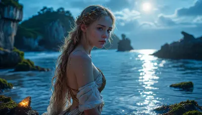 Elven warrior-witch with an hourglass figure examines a sunken shipwreck at moonlit beach. Her golden hair, braided with herbs and crystals, flows over her shoulders as she leans slightly forward, studying the half-submerged vessel with keen elven eyes. She wears tattered robes that reveal her athletic build, ample bosom, narrow waist, and strong hips, all illuminated by soft moonlight.

Her natural wooden staff rests against her shoulder, its twisted form glowing faintly with magical energy from moss-covered runes. The shipwreck dominates the background, its skeletal remains rising from the water's edge, covered in seaweed and barnacles. Pools of bioluminescent light shimmer around the wreckage, reflecting off both the water and her pointed ears.

The scene captures her专注 examination, one hand resting on her hip, the other gently touching the staff as she inspects the ancient ruin. Her posture combines curiosity with readiness, showing both her warrior skills and mystical connection to nature. Every detail emphasizes her elegant strength and mysterious allure against the dramatic coastal backdrop., 4ng3l, face, <lora:Glowing_beach:1.5>, <lora:MJ52:.8>, <lora:SDXL_BetterFaces-LoRA_v1:2>