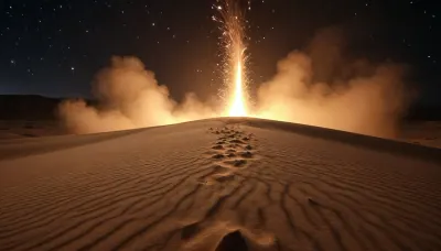 desert in mist night, (very dark night), 4d microscope macro zoom, fire desert storm, stars