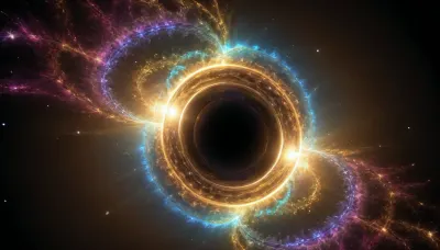 4d microscope macro zoom, epic, glowing, (rainbow, white visible light), black and gold sphere as a galaxy, mirroring, halo, solar wind transparent, light sparks, (glowing fractal of stars), miracle, rainbow light gold cristal in open universe, orbit, rainbow fire, rainbow air, rainbow earth