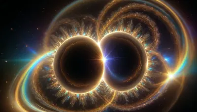 4d microscope macro zoom, epic, glowing, (rainbow, white visible light), black and gold sphere as a galaxy, mirroring, halo, solar wind transparent, light sparks, (glowing fractal of stars), miracle, rainbow light gold cristal in open universe, orbit, rainbow fire, rainbow air, rainbow earth