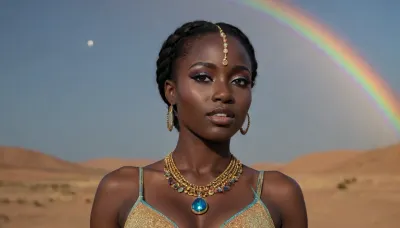 eclipse, nubian preist in night desert, full moon, (black skin, blue iris eye), miracle, rainbow light gold cristal in open universe, orbit, rainbow fire, rainbow air, rainbow earth, busty cook girl