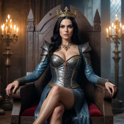 A medieval queen with black hair, MILF, stern gaze, crown, sitting on a throne, large breasts, overknee-boots
