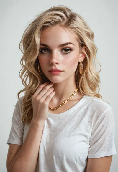A young woman with shoulder-length blonde hair and fair skin. Her hair is styled straight, with a small parting on the side. She has brown eyes with mascara and well-shaped eyebrows. Her lips are coated with lip gloss. She is wearing a light-colored T-shirt and a gold chain around her neck. Her right hand is raised, with her fingers touching her chin. Her nails are painted a bright red color.