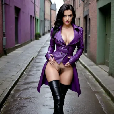beautiful sexy raven haired woman standing, black hair, green eyes, ponytail, full body view, lots of makeup, ((purple)), leather trench coat, (trench coat is partially buttoned up 1.4), cleavage, seductive, (body glimpsed beneath trench coat 1.4), (her body is largely covered by the coat 1.4), leather corset, sat in an alleyway of an historic city, cobbled street, legs spread, good hands, perfect fingers, pale skin, knee high black leather boots, titillating, Pussy visible, large pink labia, large pink vulva, (sitting 1.4), (gaping pussy 1.4), (wet pussy 1.4), side view, bustyzoey, h41ry, <lora:826802_training_data:.8>, <lora:DetailedEyes_V3:.8>, <lora:bustyzoey:.8>, <lora:h41ry:1.1>