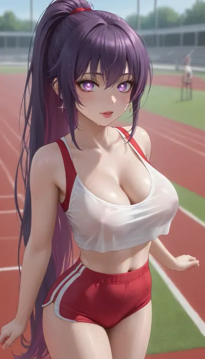running track, (1girl), thin slim body, (huge tits:1.1), hard nipples, thin waist, (sparkling eyes:1.3), (glowing eyes:1.3), purple eyes, red lips, (very long ponytail:1.2), (saturated bright purple hair), (straight hair), (long straight bangs:1.1), (red BurumaShorts), (tight sexy mini shorts:1.3), (short white sporty top), (extremely tight top:1.4), wet top, cleavage, sexy, horny, sweating, sweaty skin, red face, <lora:Jeweled eyes-NAI:1.5>, <lora:BurumaShortsXL:1>, <lora:Yabuki Kentarou_XL_V2:2>