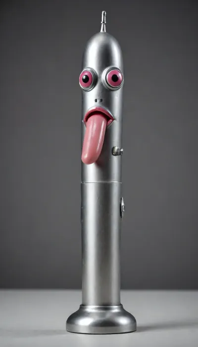 gay miniature robot in, (perfect penis design made of steel:1.8), Two tiny hands on the sides, perfect miniature fingers made of silicone, a rotating round steel robot head in the design of an penis glans with two eyes and sucking lips, <lora:Simon_Stalenhag_LFTL_SDXL:.8>
