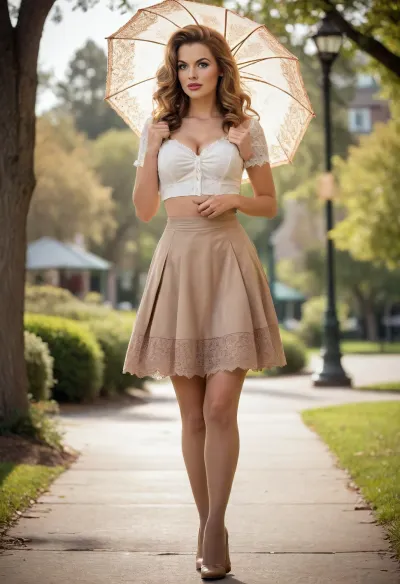 woman, 50s housewife, open eyes, long messy hair, (perfect ass), walking in the park, large breasts, sunny, sun umbrella, seductive, (messy hair), (side view), (detailed clothing of vintage dress), (detailed background), ((upskirt)), Ad Americana Style, vintage painted advertisement, retro 1950's style, (miniskirt with no panties:1.3), (lacy lightbrown stockings:1.3), high heels