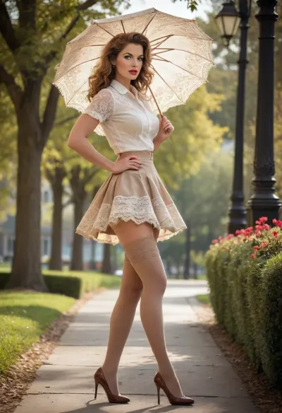 woman, 50s housewife, open eyes, long messy hair, (perfect ass), walking in the park, large breasts, sunny, sun umbrella, seductive, (messy hair), (side view), (detailed clothing of vintage dress), (detailed background), ((upskirt)), Ad Americana Style, vintage painted advertisement, retro 1950's style, (miniskirt with no panties:1.3), (lacy lightbrown stockings:1.3), high heels