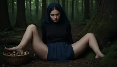 extremely realistic, 35mm Vintage photo, Lithuania, Lithuanian peasant girls, 1800s. exactly sleeping, levitating in dark forest, visible ligt of dun, dark dense woods, witch clothes, expensive clothes, leather sandals, large soft saggy breasts, light black hair, wide blue eyes, high cheek bones, upturned nose, (lying on stomach, gathering magic mushrooms), exstasy, lying down on tummy picking mushrooms, basket nearby, headscarf, no panties, mini skirt, accidental ass visibility, nip slip, unintended pussy visibility, pubic hair, ripped clothes, (looking down at ground), (unaware), . Very sad. Ass in air, <lora:dark:1>, <lora:polyhedron_angry-000006:1.8>