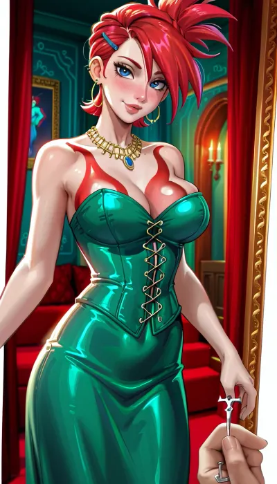 melkor mancin, tamada heijun art, strongbana art, dross art, aroma art, moisture art, reiq art, siroc art, red hair, (Frankie from fosters home for imaginary friends:1.2), green dress, POV photo of 30 years old woman, duchess, noblewoman, mature, beautiful, hair piled high in curls, baroque rococo beehive hairstyle, (((white powdered face))), porcelain skin, fit, toned, athletic, slim arms, skinny, busty, inside downton Abbey, shy smile, beautiful detailed eyes, depth blur, key visual, vibrant, highly detailed, early morning light, golden hour, (Sandro, Botticelli:.8), corset, gown, <lora:bombshell_v2:1.7>, <lora:7a8684c1-aa8f-4e58-ab05-2f1981c3998c.TA_trained:1.4>