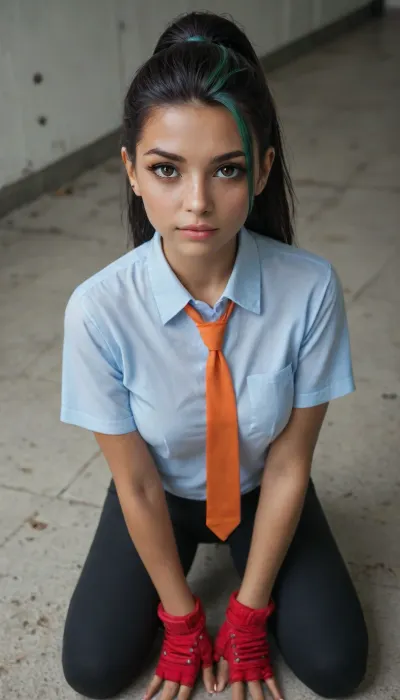 realism, ultra-realism, UHD 8K, extreme realism, maximum detail, (high-detail skin), high quality, medium breasts, A thin and tall girl, wide hips, Nemona from pokemon, expressive golden-brown eyes, tanned skin, freckles above the nose, minimalistic makeup, light blue button-down shirt with short sleeves and school emblem, orange tie, black compression leggings, red and white sneakers, red fingerless gloves, on kneeling