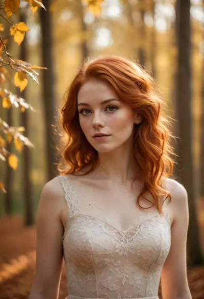 fantasy art, beautiful red-haired woman, freckles, large golden eyes, soft light, autumn leaves floating, lace dress, delicate, soft focus background, sunlight filtering through trees, ethereal, fantasy, dreamy, glowing sparkles, detailed hair strands, warm colors, serene expression, slight smile, upper body focus, magical atmosphere, soft lighting, detailed textures, autumn theme, intricate lace, feminine, enchanting, soft light and shadows. /©KlTTY-ART/