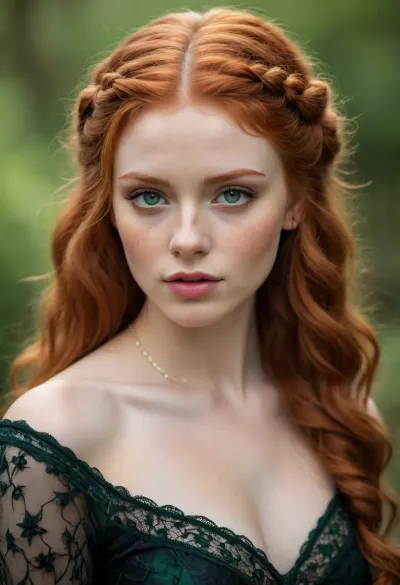 Stunning portrait of a beautiful redhead with intricate braided hair and mesmerizing green eyes. Her fair skin is adorned with delicate freckles, and she's wearing vintage-inspired jewelry and a lace-trimmed black dress. The soft, wavy hair cascades down her back, creating a romantic, ethereal vibe. classic beauty, fantasy allure, /©KlTTY-ART/