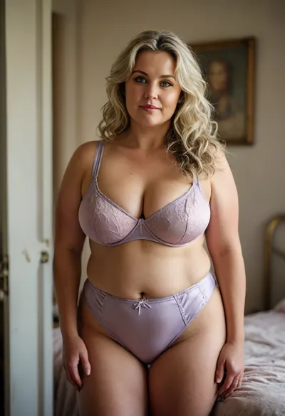 Lubica Stepaunt, a, (obese:1.5), 55-year-old mature Eastern European woman with a full-figured BBW body and soft facial features. She stands in a softly lit bedroom wearing a light lavender satin lingerie set. The top is a sleeveless with a tailored fit and subtle sheen, paired with matching form fitting tailored satin shorts. Her blonde hair with silver streaks is styled in soft waves, and she wears a gentle open-mouth smile. Her captivating eyes gaze seductively at the camera, framed by thick expressive eyebrows. The lighting is a mix of warm lamplight and diffused daylight from a nearby window, highlighting the soft textures of her skin and fabric. The background includes a white door, a wall-mounted dildo, and neutral-toned walls. Photorealistic, realistic skin texture, ultra-detailed, Canon EOS 5D Mark IV, aperture f/8, ISO 100, natural lighting, depth of field, bokeh., bottomheavy, big, ass, huge, gigantic, thick, thighs, massive, <lora:bottomheavy_v1_sdxl_tags:.8>, <lora:MJ52:.8>