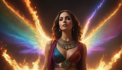 rainbow light, fire, open universe, flying 33 year old dark concentrated egyptian women preist
