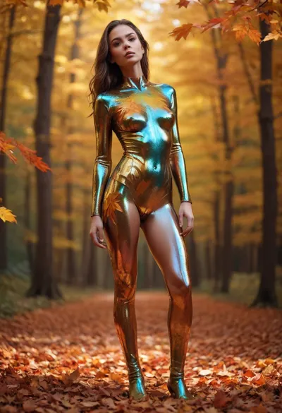 A woman, her skin is made of shiny, colorful leafs, full body view, /©KlTTY-ART/