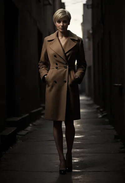 hyper photorealistic masterpiece, maximum quality, maximum details, maximum realism, russian milf, 40 years old, on street, back alley, very short blonde pixie hair, long closed brown coat, (black high heels), on knees, <lora:dark:.6>