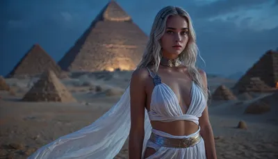Girl 21 years old \ Egyptian pyramids sand \ scarabs \ figure of a girl sexy breasts narrow waist and wide hips, (dressed in a semi-transparent belted toga), very long silver hair \ elaborate facial details \ night, artfshnshtr, <lora:Glowing_beach:2>, <lora:MJ52:2>, <lora:EnvyBeautyXL11:2>, <lora:436232_training_data:2>